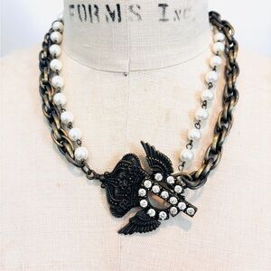 Steampunk Pearl Rhinestone and Heavy Bronze Chain Necklace